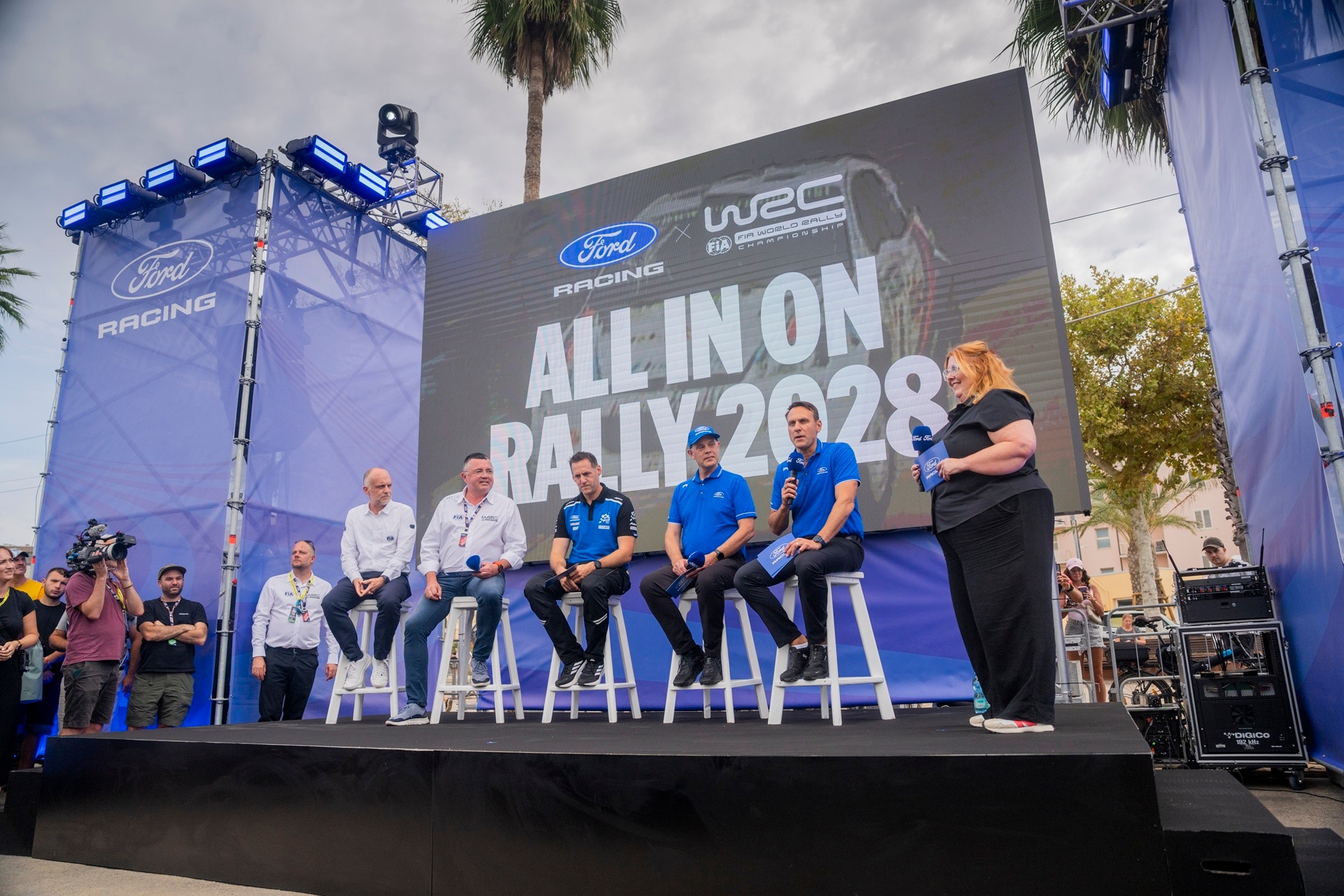 Ford WRC launch event at Rally Sardegna 2026 (L to R - Xavier Mestelan Pinon, Éric Boullier, Richard Millener, Mark Rushbrook, Jim Baumbick).